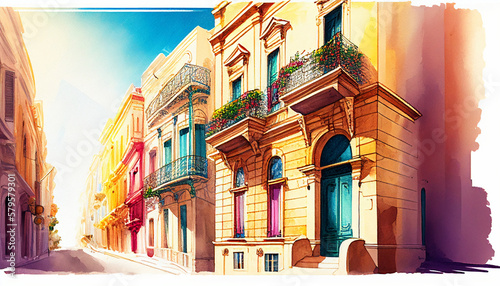 Valletta Maltese traditional colorful houses with balconies narrow city streets at sunny day. Watercolor digital painted illustration. Travel concept. Generative AI © mikhailberkut