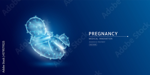 Website template. Embryo in fetal position. Child in polygonal triangles futuristic glowing infant hologram. Pregnancy and artificial insemination medical innovation concept. Banner vector.