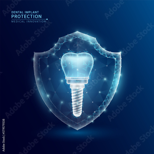 Dental implant organ translucent low poly triangle inside shield futuristic glowing. On dark blue background. Immunity protection medical innovation concept. Vector EPS10.