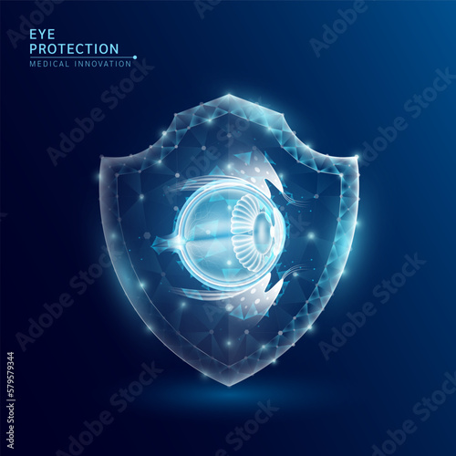 Human eye anatomy organ translucent low poly triangle inside shield futuristic glowing. On dark blue background. Immunity protection medical innovation concept. Vector EPS10.