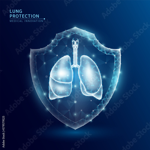 Human lung anatomy organ translucent low poly triangle inside shield futuristic glowing. On dark blue background. Immunity protection medical innovation concept. Vector EPS10.