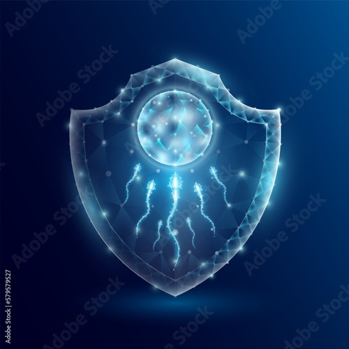 Sperm and egg cells translucent low poly triangle inside shield futuristic glowing. On dark blue background. Medical innovation concept. Fertilization reproductive and health care pregnancy. Vector.