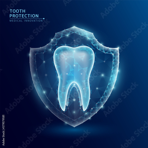 Human tooth anatomy organ translucent low poly triangle inside shield futuristic glowing. On dark blue background. Immunity protection medical innovation concept. Vector EPS10.