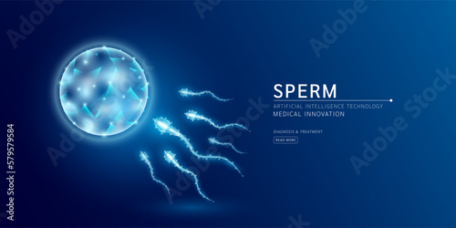 Sperm and egg cells low poly triangles. Futuristic glowing hologram on dark blue background. Medical innovation. Fertilization reproductive and health care pregnancy. Website template banner vector.