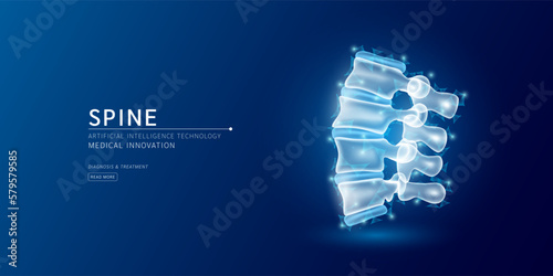 Website template. Human spine bone anatomy translucent low poly triangles. Futuristic glowing organ hologram on dark blue background. Medical innovation diagnosis treatment concept. Banner vector.