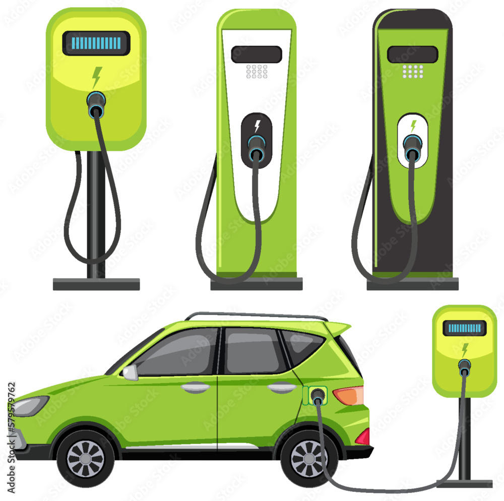 Evse Vector EV charging station with electric car collection Stock Vector | Adobe Stock