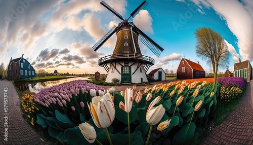 A charming village with a windmill and a field of tulips captured with a Canon EOS 90D 28mm lens f/8 colorful wide  Generative AI photo