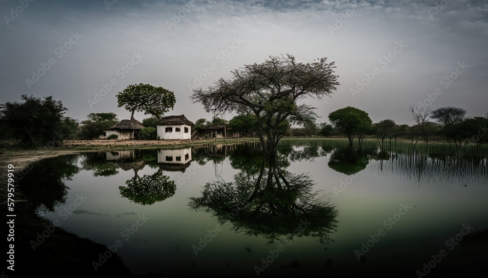 A serene view of a tranquil Andhra Pradesh village pond taken with a Leica Q2 full  Generative AI