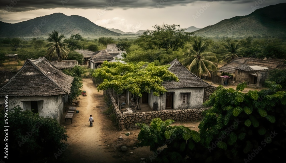 A captivating view of a traditional Andhra Pradesh village with beautiful architecture and a lush green environment captured with a high  Generative AI