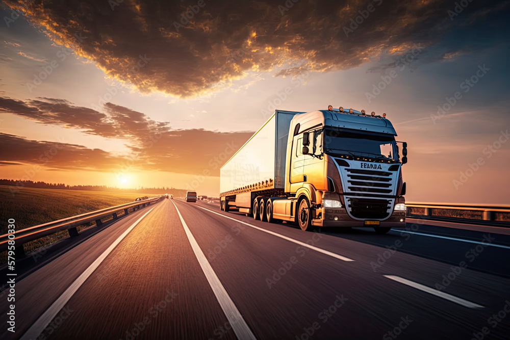 Loaded European truck on motorway in sunset