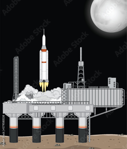 Cosmodrome and Rocket Launch Vector