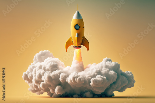 Yellow rocket taking off with realistic cloud smoke on yellow background. Concept of start up business launching. Generative AI photo