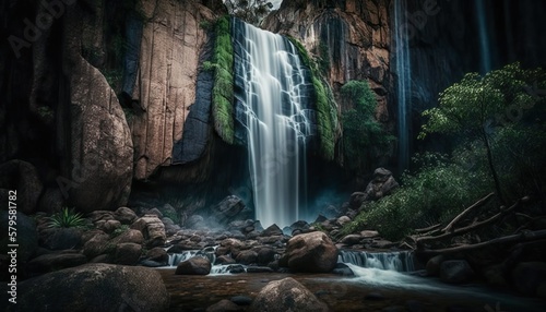 A stunning view of a majestic waterfall surrounded by rocks and greenery captured with a high Generative AI