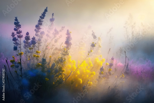 Yellow spring flowers on a foggy morning in the first rays of the sun. AI generated
