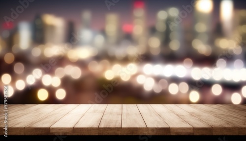 Empty Wooden Table Focus to the Table Top, blurred city background, Wooden Blurred Bokeh Background Created with Generative AI technology
