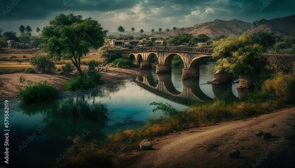A mesmerizing view of a serene Andhra Pradesh village with a beautiful bridge over a river captured with a high  Generative AI