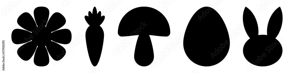 Easter icon set. Easter elements for design. Chamomile, carrot, mushroom, egg and bunny black silhouette vector illustration. Easter icon set. Easter elements for design. Chamomile, carrot, mushroom, egg and bunny black silhouette vector illustration.