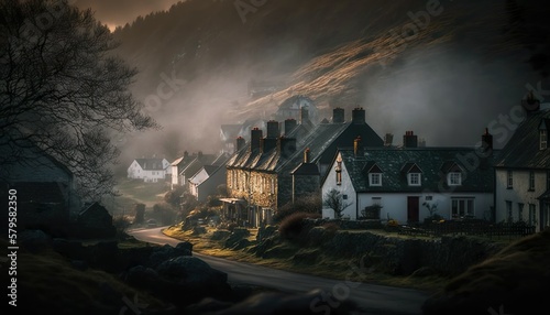 A cozy village in the Scottish Highlands captured with a Nikon Z6 II 50mm lens f/8 misty Generative AI