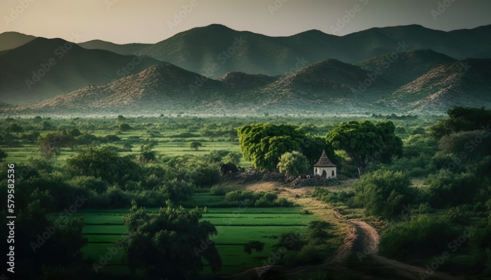 A serene view of the lush green fields and the distant hills in an Andhra Pradesh village captured using a Canon EOS R5 camera and a 24mm lens at f/16 aperture  Generative AI