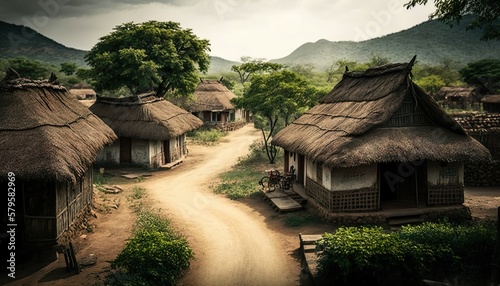A captivating view of a traditional Andhra Pradesh village with beautiful architecture and a lush green environment captured with a high Generative AI
