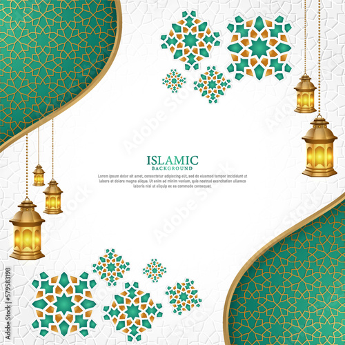 White Luxury Islamic Background with Decorative Ornament Pattern. Ramadan layout with gold lantern. Arabic elegant greeting card.
