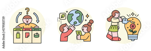 Activities for environmental protection. People who separate garbage for recycling, study the earth, and love plants.