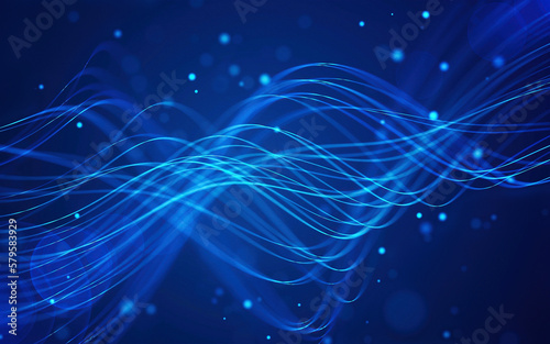Abstract lines flowing dynamic pattern in blue colors on black background for concept of AI technology.