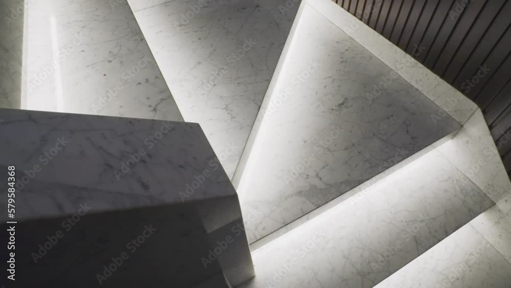 Illuminated Steps With White Marble Staircase. High Angle