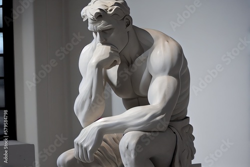 Classical white sculpture of a man in deep reflection, generative ai