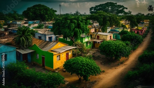A captivating view of a vibrant Andhra Pradesh village with colorful houses and lush green trees captured with a high Generative AI