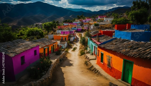 A colorful village in the hills of Oaxaca Mexico photographed with a Sony A6600 16mm lens f/5.6 vibrant Generative AI