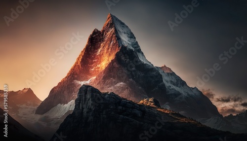 A stunning view of a mountain peak at sunrise captured with a high  Generative AI © Naveena