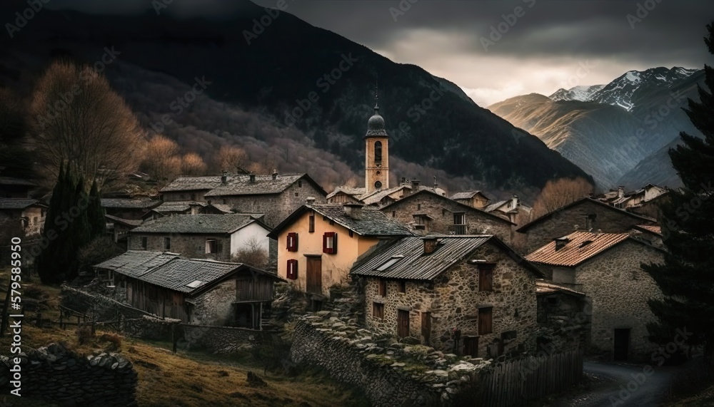 A rustic village in the heart of the Pyrenees shot with a Canon EOS 90D 24mm lens f/10 rugged  Generative AI