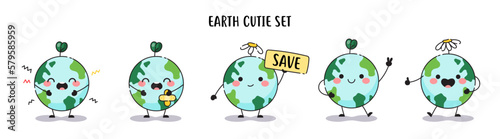 Cute Happy Earth planet mascot set.