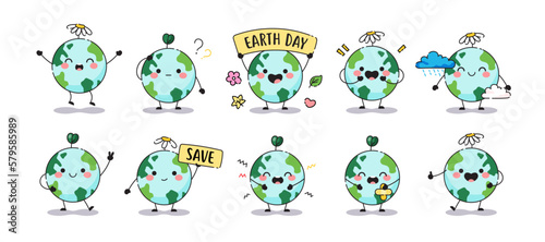 Cute baby planet earth set. Mascot Earth icons with faces. Collection in child emoji for environment care, pollution, harm, damage, ecology and recycle. Vector cartoon illustration.