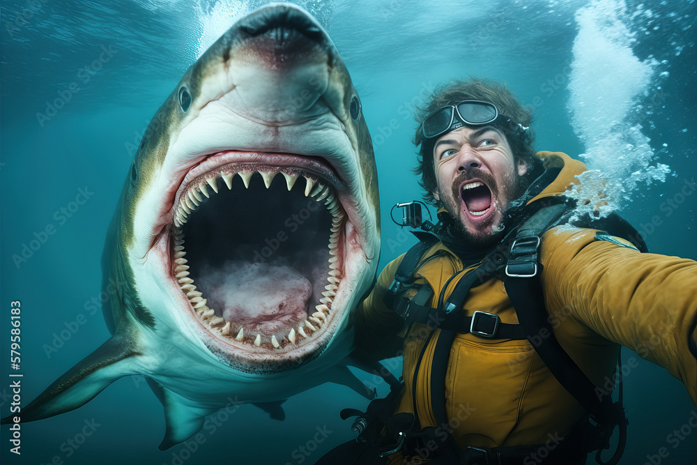 Funny selfie of a diver with a great white shark, Generative AI - obrazy, fototapety, plakaty 