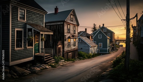 A quaint fishing village on the coast of Maine photographed with a Sony A7R III 24mm lens f/14 coastal Generative AI