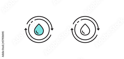 Water refill. Vector isolated icons. Black and color vector water droplet and replenish sign icon isolated outline symbol with editable stroke.