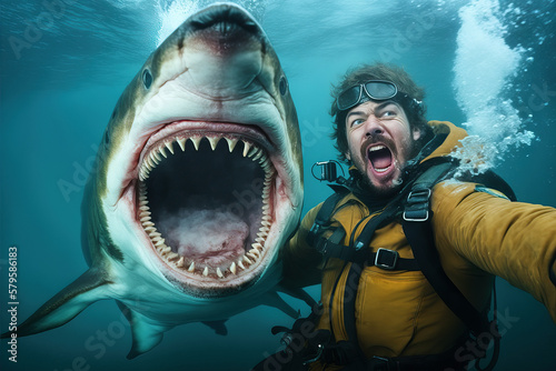 Obraz na plátně Funny selfie of a diver with a great white shark, Generative AI