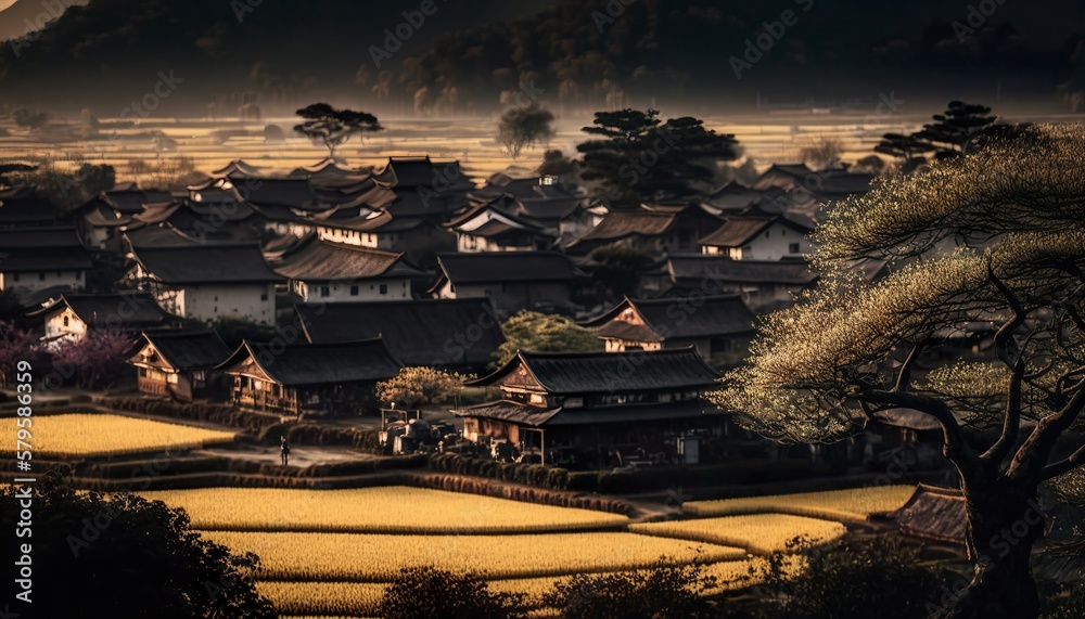 A traditional village surrounded by golden fields captured with a Canon EOS R 85mm lens f/2 warm telephoto lens  Generative AI