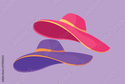 Graphic flat design drawing ladies hat vintage. Pretty straw hat with ribbon. Logotype woman hats. Retro fashion. Women accessory icon, label, flyer, sticker, symbol. Cartoon style vector illustration
