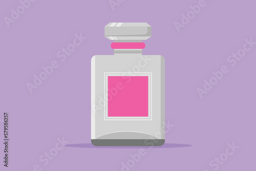 Graphic flat design drawing perfume icon fragrance. Luxury perfume bottle logotype, label, flyer, sticker, card, symbol. Female perfume in beautiful bottle concept. Cartoon style vector illustration