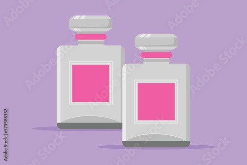 Cartoon flat style drawing stylized perfume icon fragrance. Luxury perfume bottle logotype label, flyer, sticker, symbol. Female fashion perfume in beautiful bottle. Graphic design vector illustration