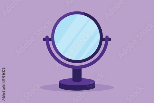 Character flat drawing small makeup mirror in circle frame on stand. Modern cosmetic equipment. Glossy reflective glass for making visage and beauty care procedure. Cartoon design vector illustration