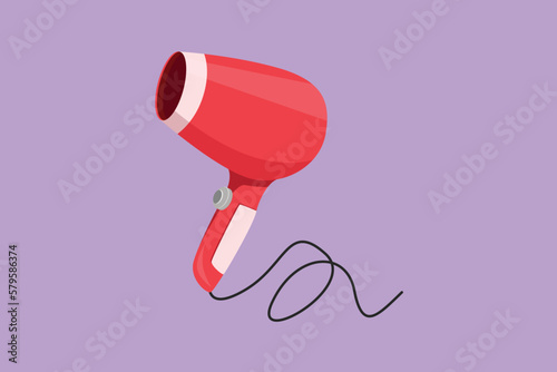 Graphic flat design drawing hair dryer electric home appliance logotype, label, icon, flyer, sticker, card. Woman electricity stuff household tools template concept. Cartoon style vector illustration