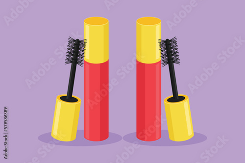 Graphic flat design drawing stylized red plastic tube with mascara and brush logotype, label, icon, symbol. 3d package. Container of cosmetic product for eye beauty. Cartoon style vector illustration