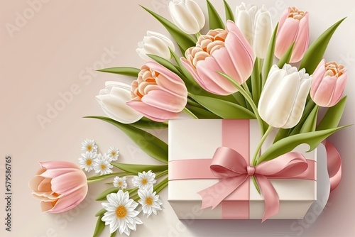 Wallpaper Mural Gift Box with Tulips on Pink Background. Generative ai. Torontodigital.ca
