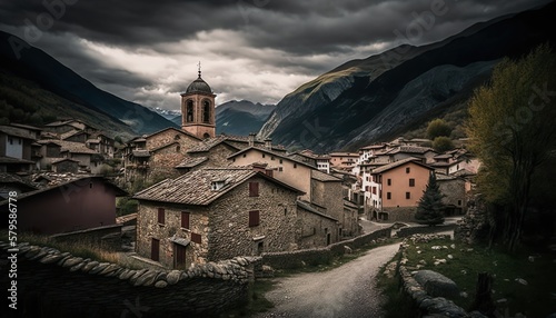 A rustic village in the heart of the Pyrenees shot with a Canon EOS 90D 24mm lens f/10 rugged Generative AI