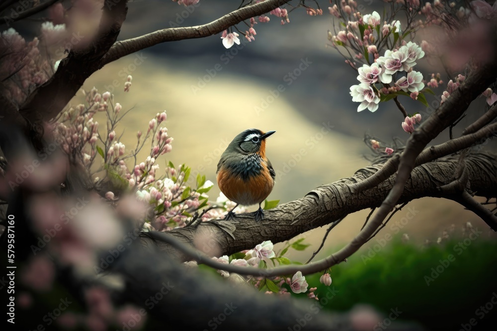 Beautiful Spring Illustration with Bird Sitting on Cherry Blossom Branch with Blurred Background. Generative AI.