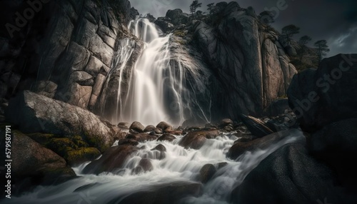 An awe inspiring view of a waterfall cascading down a rocky cliff captured with a full Generative AI